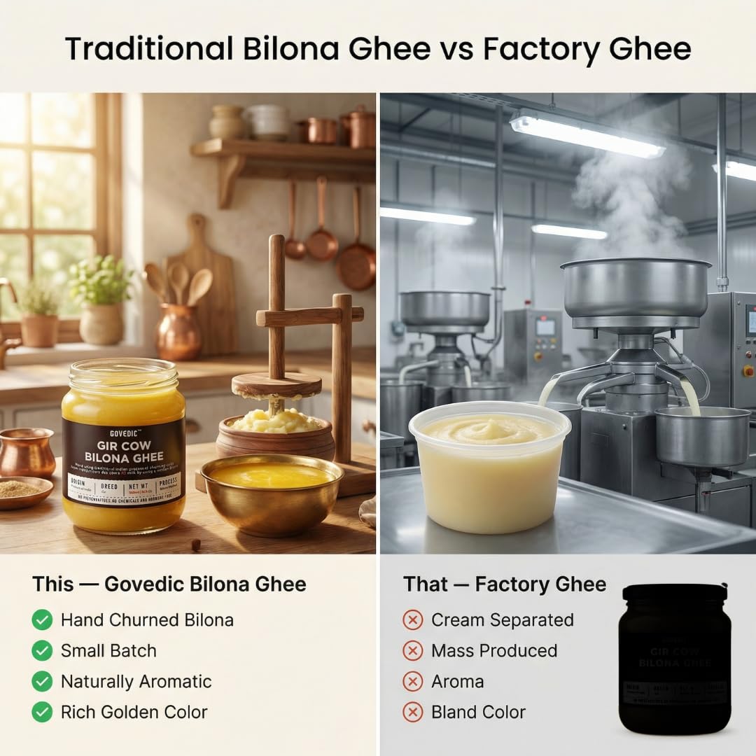 Comparison of Traditional Bilona Ghee and Factory Ghee with visual and text elements.