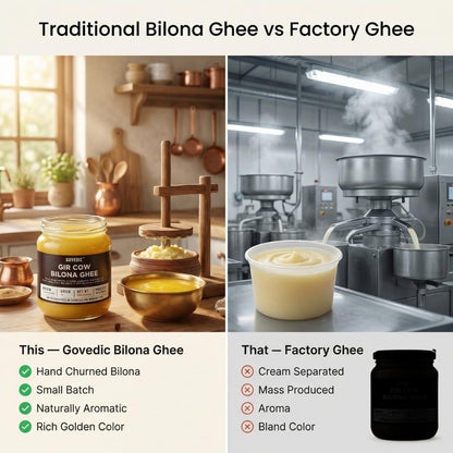 Comparison of Traditional Bilona Ghee and Factory Ghee with visual and text elements.