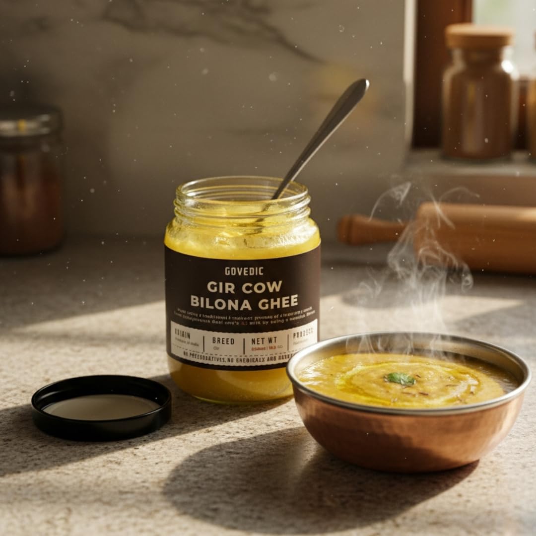 Jar of Govedic Gir Cow Bilona Ghee with a bowl of ghee on a textured surface.