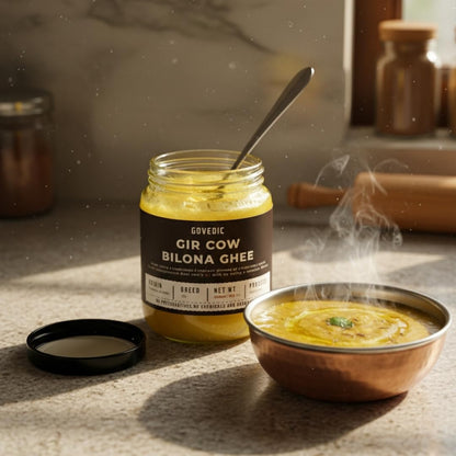 Jar of Govedic Gir Cow Bilona Ghee with a bowl of ghee on a textured surface.