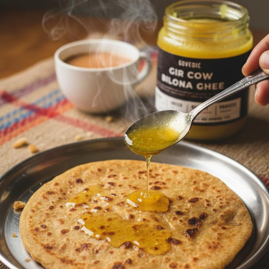 Spoon drizzling ghee onto a flatbread with a cup of coffee and jar of ghee in the background.