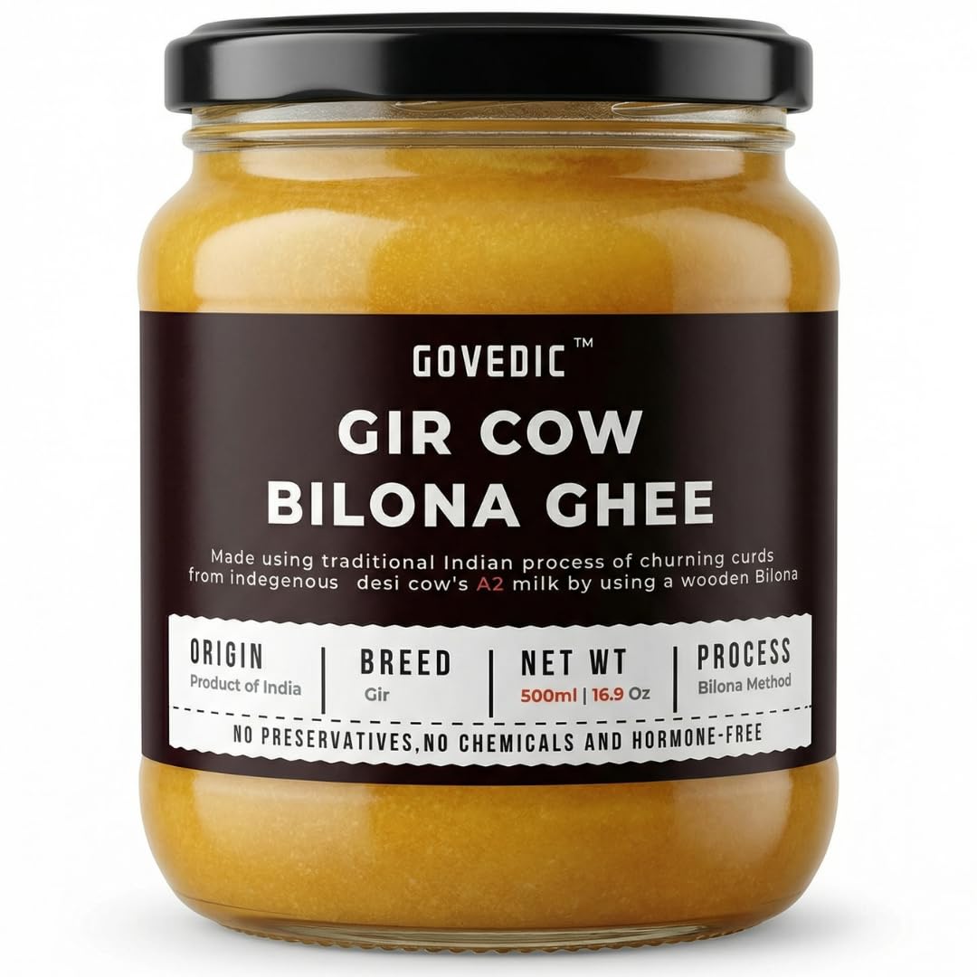 Jar of Govedic Gir Cow Bilona Ghee with a black lid on a white background