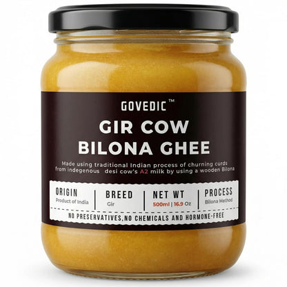Jar of Govedic Gir Cow Bilona Ghee with a black lid on a white background