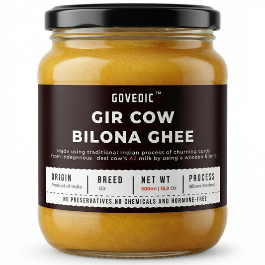 Jar of Govedic Gir Cow Bilona Ghee with a black lid on a white background