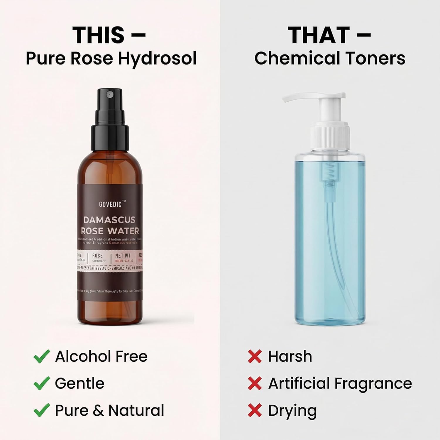 Comparison of pure rose hydrosol and chemical toners with text highlighting benefits.