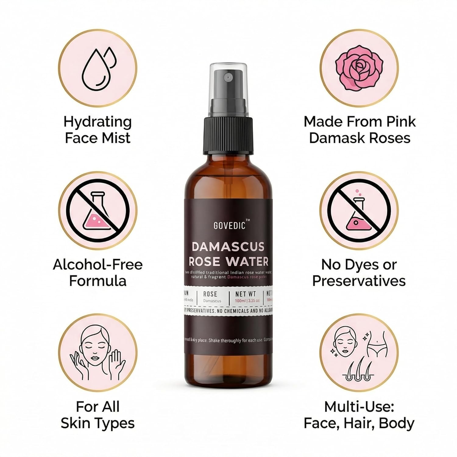Bottle of Govedic Damascus Rose Water with icons and text highlighting features on a white background